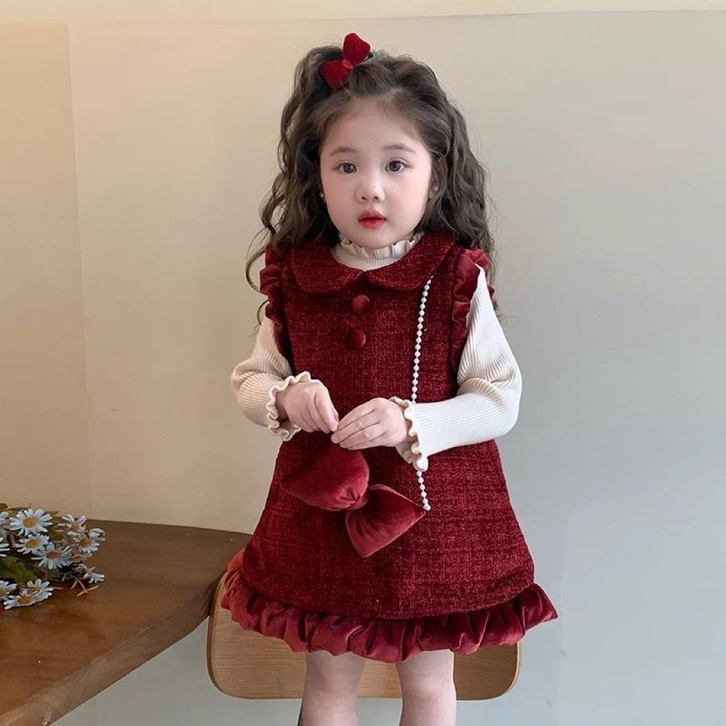 [OD] Set váy dạ tweed đỏ+ nơ chéo+ áo len cổ bèo cho bé gái mùa lễ tết hàng Qccc loại 1