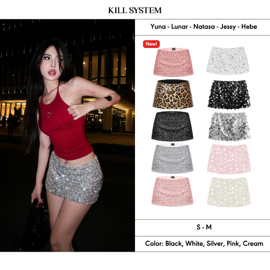𝐊𝐈𝐋𝐋 𝐒𝐘𝐒𝐓𝐄𝐌 - Chân váy kim sa cạp thấp tôn dáng Yuna - Lunar Bạc & Natasa bản to lấp lánh