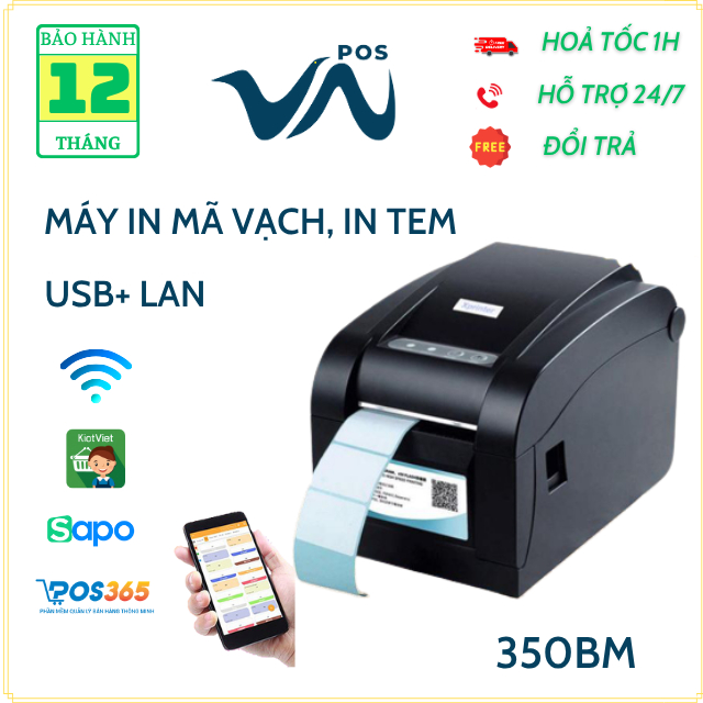 Máy in tem mã vạch, in tem trà sữa Xprinter 350BM USB LAN từ điện thoại, in vận đơn các sàn TMĐT