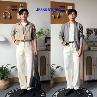  Quần Jeans Nam Màu Trắng Kem Dáng Suông Rộng,Quần Bò Nam From Straight Chất Vải Dày Dặn Phong Cách Retro Unisex Hàn Quốc 
