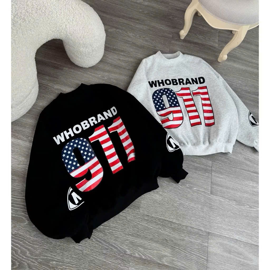 Áo Sweater Nỉ Bông IN CHỮ SỐ 911 NỖI Tay Phồng Bo Chun Form Rộng Nam Nữ Unisex Ulzzang NUPAKACHI