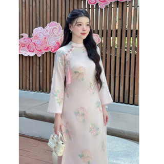  Áo dài cách tân Quỳnh Anh  Set áo dài mới nhất 2025 chất liệu tơ thêu họa tiết đính cúc ngọc phối quần lụa 