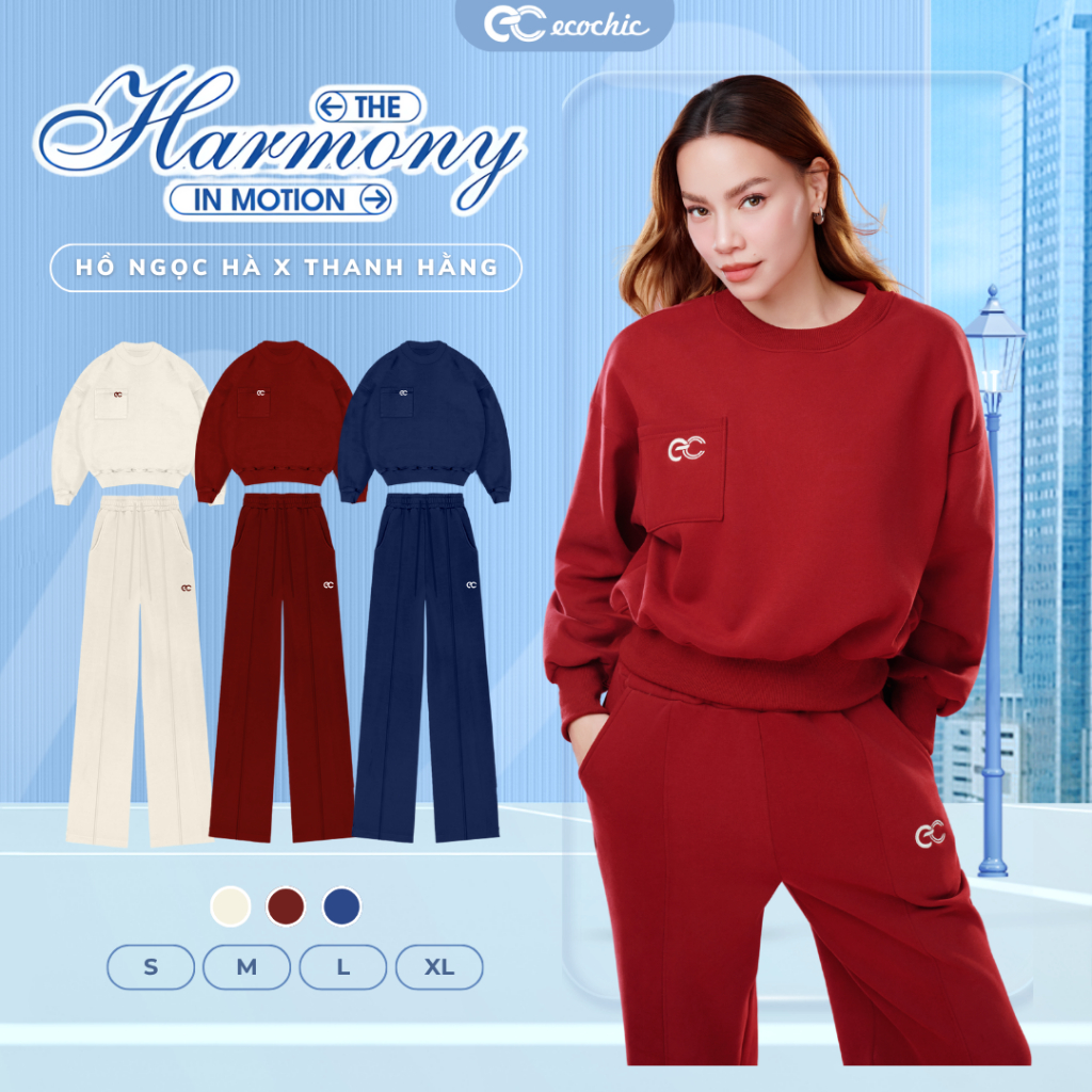 (Tặng mũ) Set Bộ Nỉ Lông Nhung ECOCHIC GRAVITY SET Áo Cổ Tròn Logo Ngực Quần Suông Dài Cao Cấp Chính