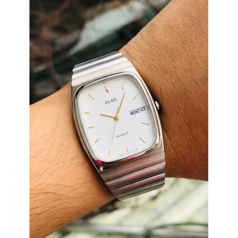 Đồng hồ nam si Nhật dáng tank thương hiệu Alba Seiko 2 lịch mặt đẹp size 28mm