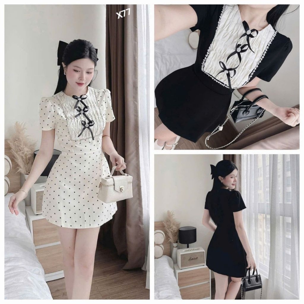 Đầm cotton hàn kèm phụ kiện chuẩn hình cao cấp có lót quần rời chít ly ngực X77