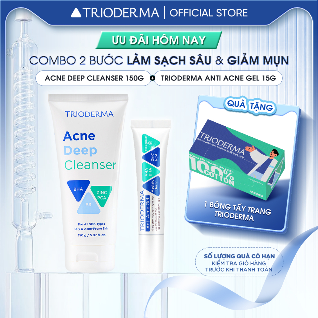 Bộ đôi Gel mụn Anti Acne Gel 15g & Gel rửa mặt Trioderma Acne Deep Cleanser 150g