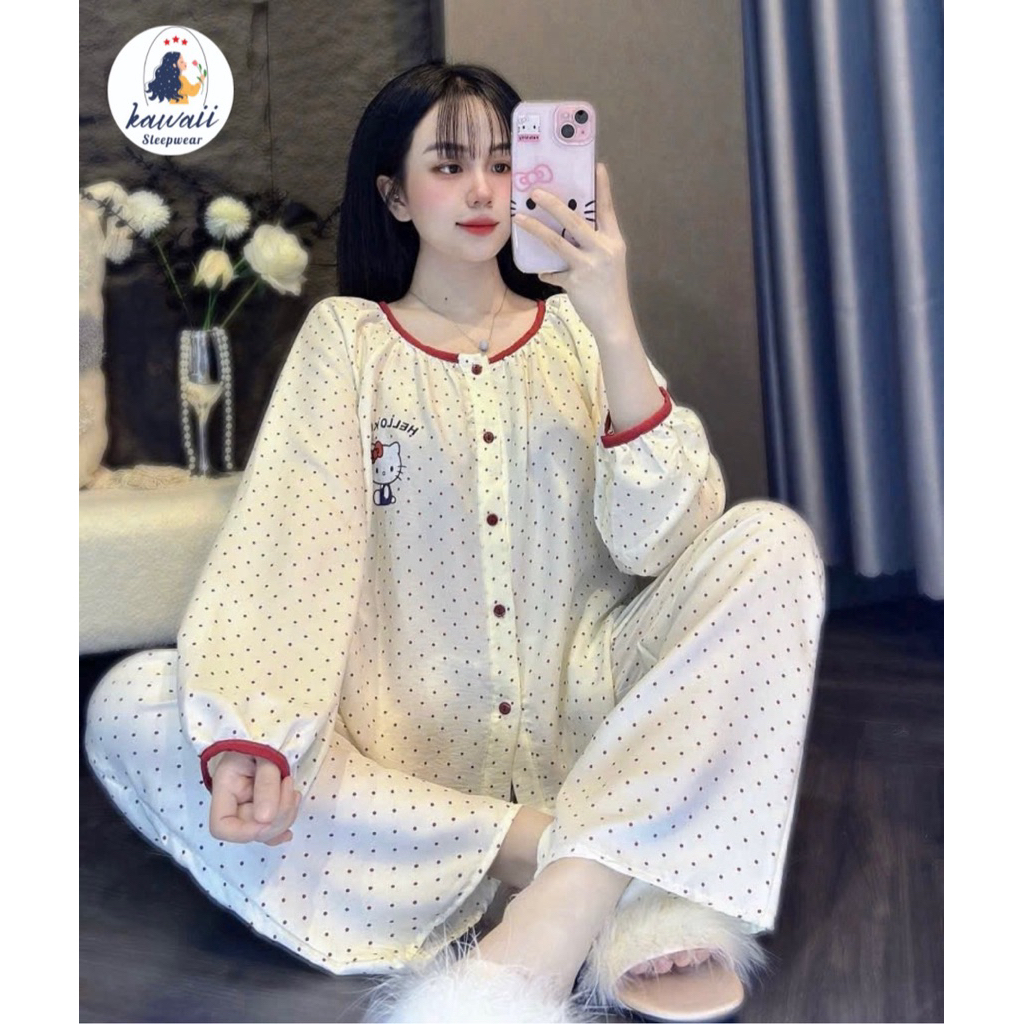 PIJAMA DÀI TAY CỔ TRÒN MÈO HELLO KITTY SIZE 45-58KG, ĐỒ NGỦ HELLO KITTY DÀI TAY VẢI ĐŨI MỀM XINH XẮN