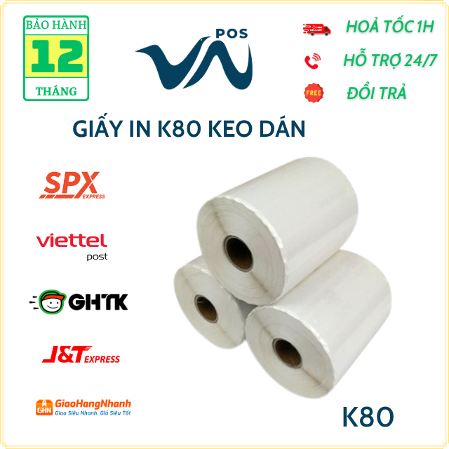 Giấy in nhiệt có keo dán khổ K80, cuộn decal in liên tục dùng in các đơn hàng, hóa đơn...