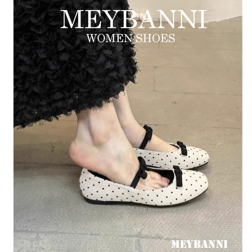 [Chân Gầy- Lùi 1 Size] Giày Búp Bê MEYBANNI Mũi Vuông Chấm Bi Phối Quai Nơ Dễ Thương - C422