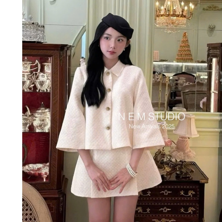 Set Tiểu Thư,Set Dạ Nữ Kiểu Dáng Áo Tay Lửng Xoè Rông Cổ Bẻ Mix Chân Váy Xếp Ly Xinh Xỉu A318