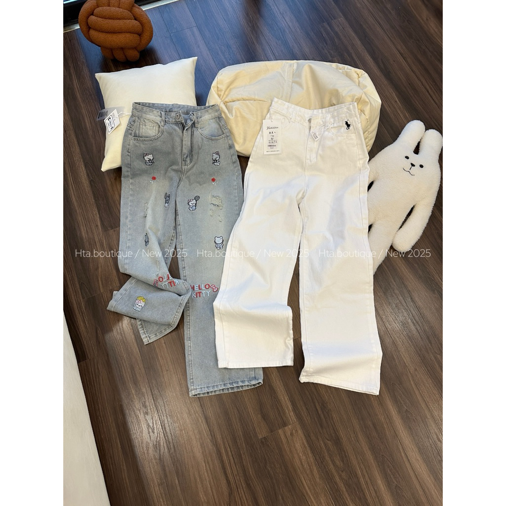 | Hta.boutique | Quần bò nữ trắng - Quần jeans trắng suông thêu ngựa cạp cao dễ phối đồ Hàn Quốc
