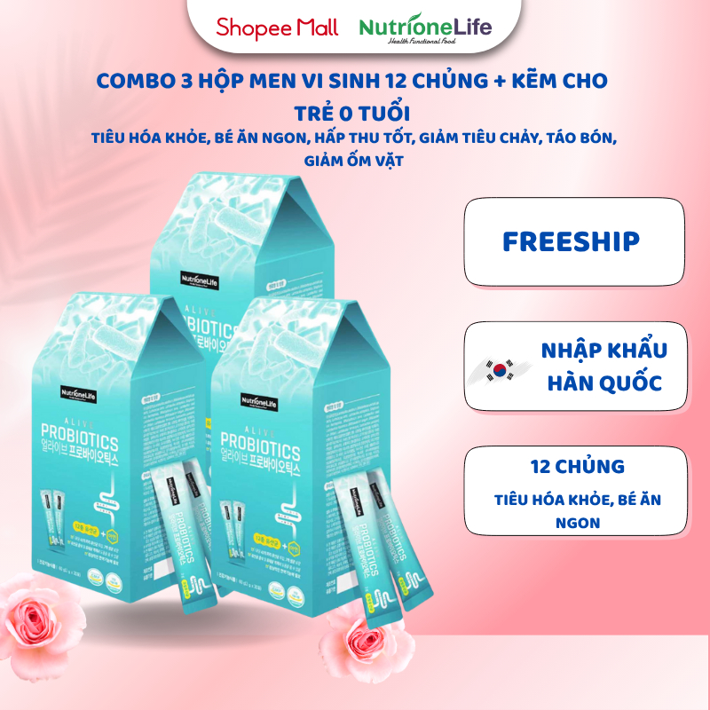 COMBO 3 Hộp Men Vi Sinh Alive Probiotics 12 Chủng Lợi Khuẩn Và Kẽm Giúp Tiêu Hóa Khỏe, Tăng Hấp Thu 