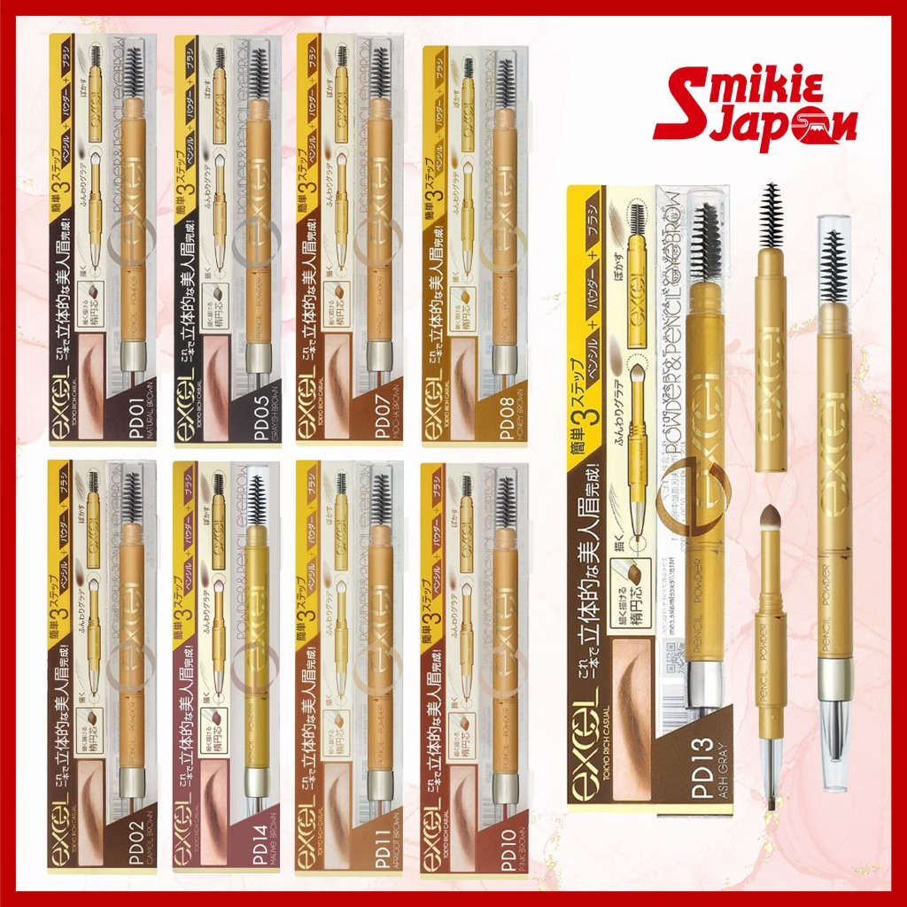 Bột và chì kẻ mày EXCEL 3 trong 1 màu nâu tự nhiên PD01/màu nâu caramel PD02/màu nâu xám PD-05 13g