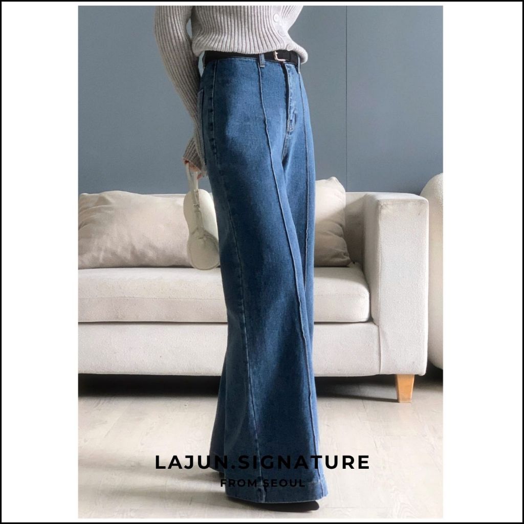 [LAJUN SIGNATURE] Quần Jeans Central Form Suông Rộng Line Giữa Lưng Cao Chất Liệu Dày Dặn Tôn Dáng H