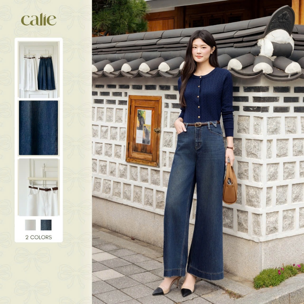 (Harmony) Quần jean ống rộng không cạp, jean mềm kiểu dáng basic dễ mix đồ thời trang nữ Calie Qj026