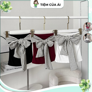  Áo Ống Quây Nữ Trơn Có Dây Buộc Nơ Kẻ Sọc Ôm Dáng 