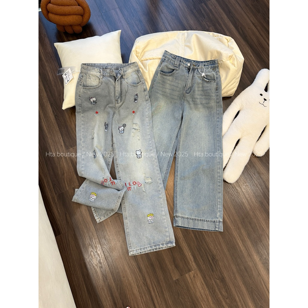 | Hta.boutique | Quần bò - Quần jeans ống rộng thêu hình Kitty cá tính dáng suông dễ phối đồ