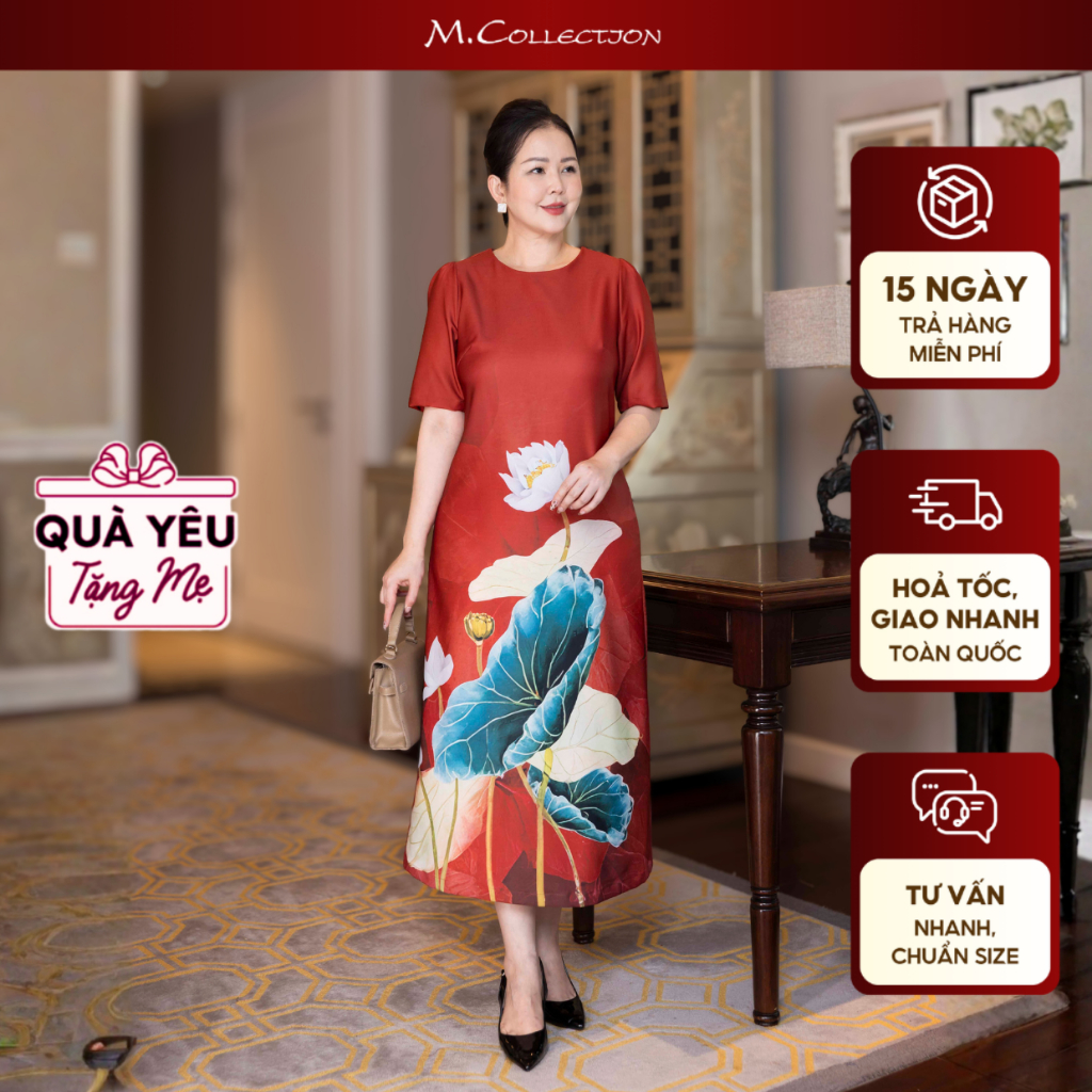M COLLECTION | Váy Đầm Nữ Trung Niên Tặng Mẹ, Bà Vải Lụa Dày In Hoa 3D Tay Ngắn Cổ Tròn D13230 | BigBuy360 - bigbuy360.vn