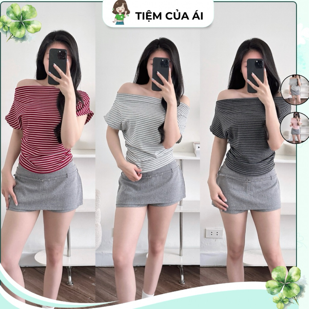 Áo Kiểu Nữ Trễ Vai Kẻ Sọc Ngang Cánh Dơi Nhún Eo Vạt Bầu