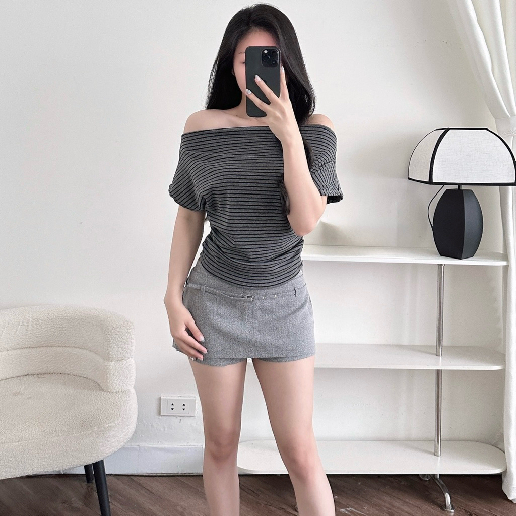 Áo Kiểu Nữ Trễ Vai Kẻ Sọc Ngang Cánh Dơi Nhún Eo Vạt Bầu | BigBuy360 - bigbuy360.vn