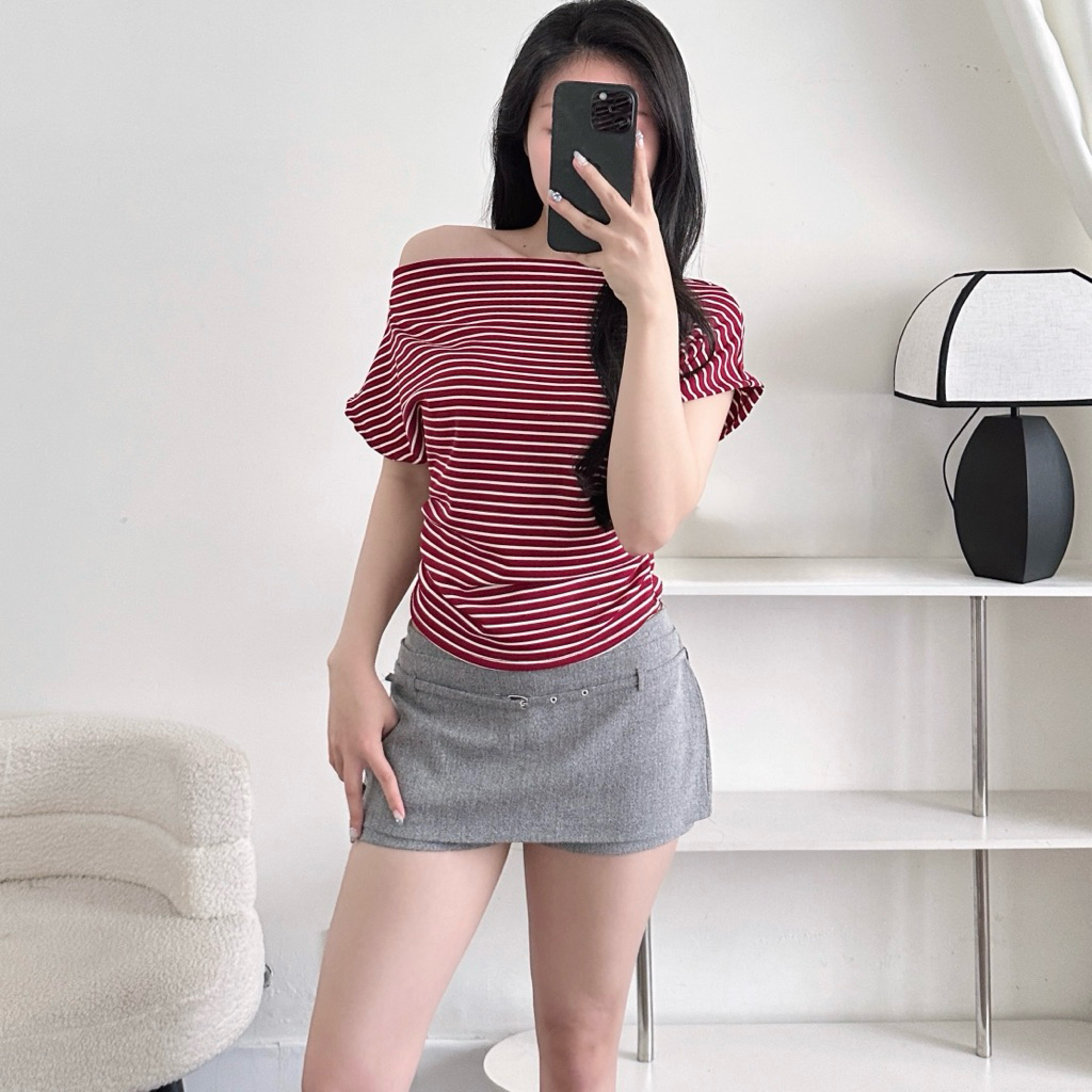 Áo Kiểu Nữ Trễ Vai Kẻ Sọc Ngang Cánh Dơi Nhún Eo Vạt Bầu | BigBuy360 - bigbuy360.vn