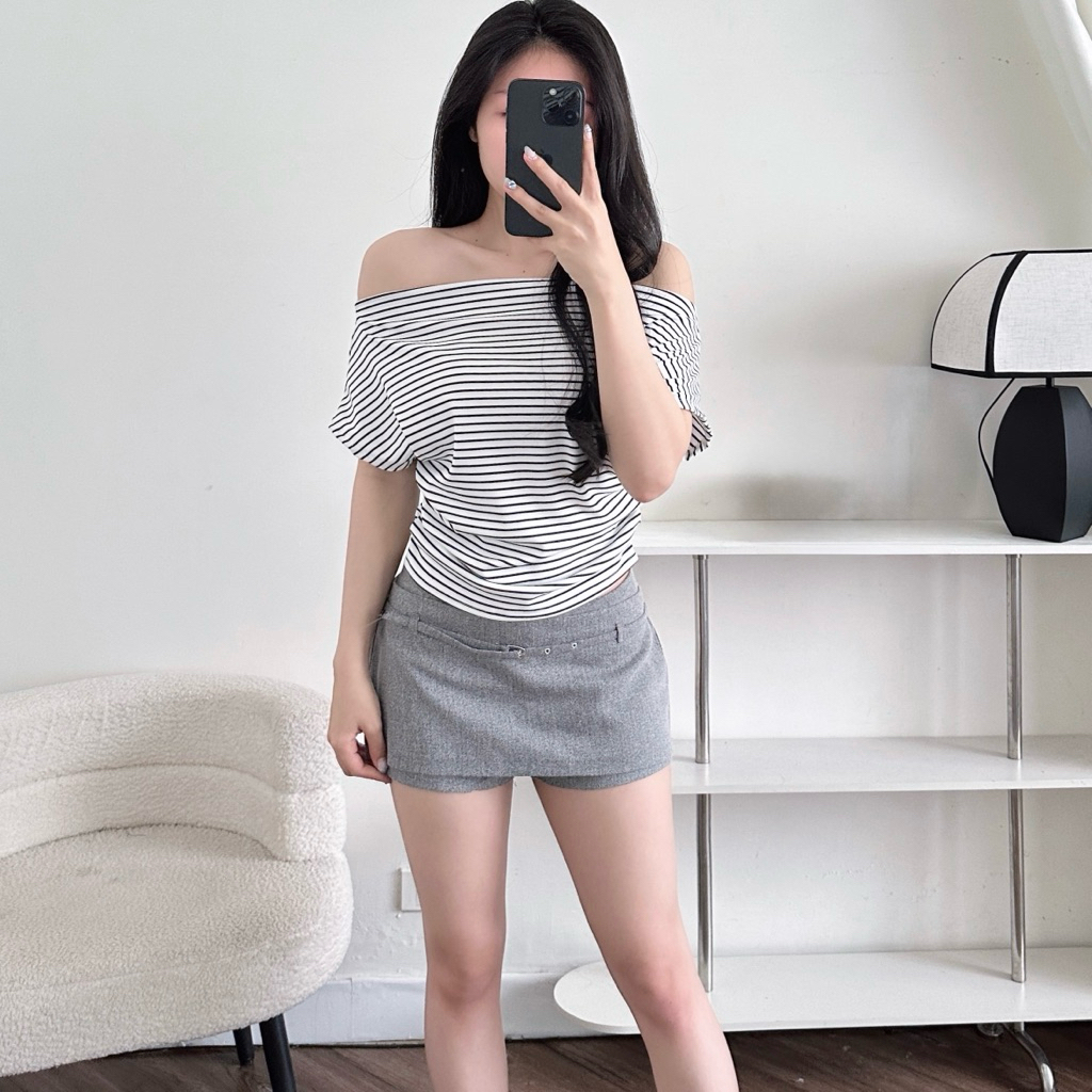 Áo Kiểu Nữ Trễ Vai Kẻ Sọc Ngang Cánh Dơi Nhún Eo Vạt Bầu | BigBuy360 - bigbuy360.vn
