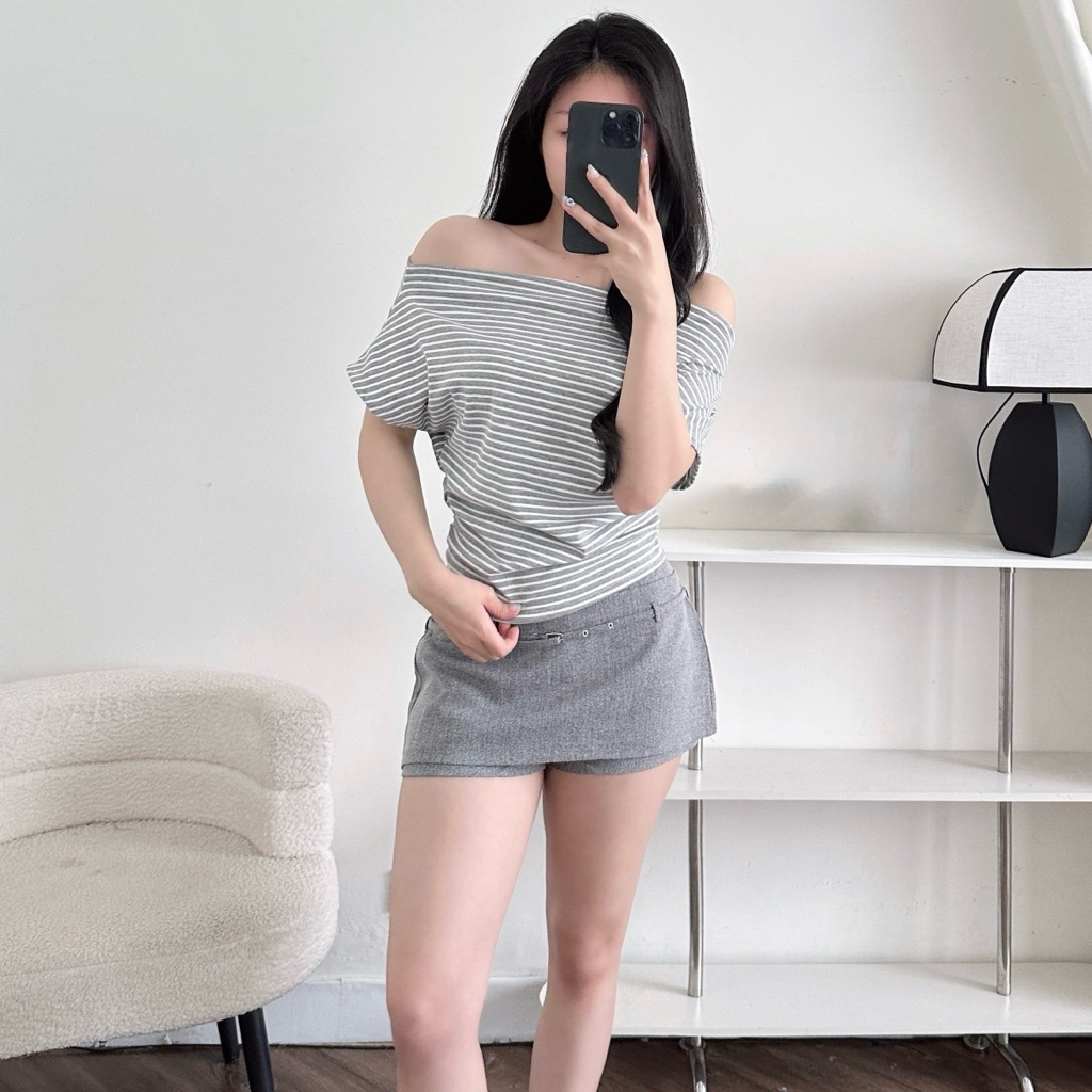 Áo Kiểu Nữ Trễ Vai Kẻ Sọc Ngang Cánh Dơi Nhún Eo Vạt Bầu | BigBuy360 - bigbuy360.vn