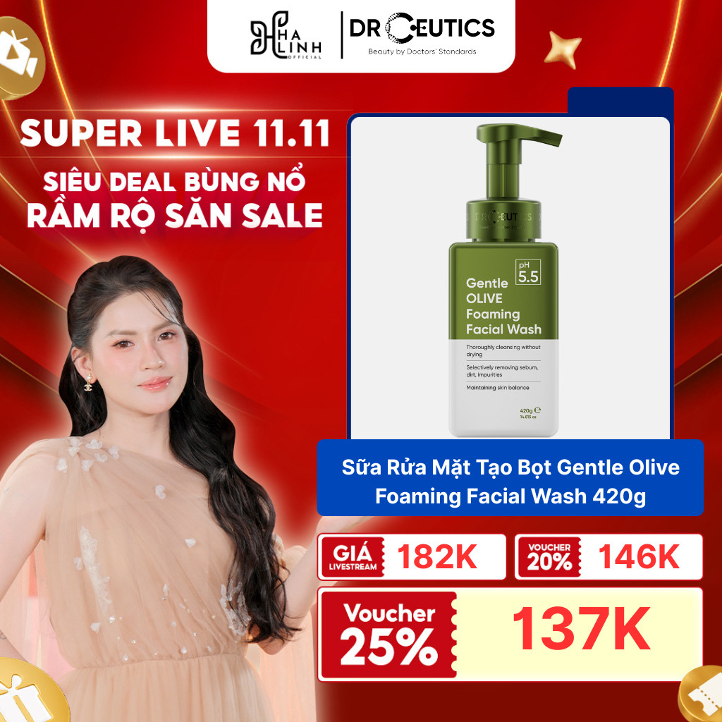   Võ Hà Linh x DrCeutics  Sữa Rửa Mặt Tạo Bọt Gentle Olive Foaming Facial Wash 420g 
