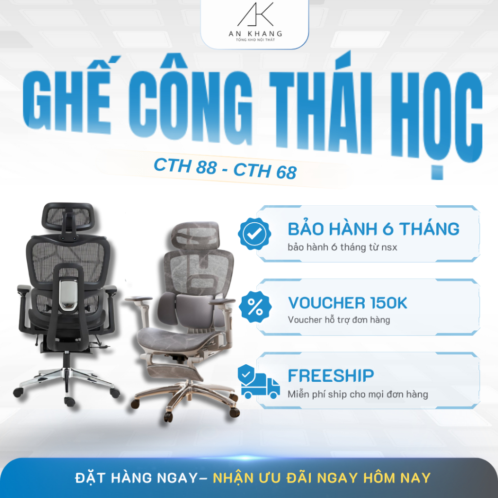 Ghế Công Thái Học CTH-88, CTH-68 An Khang – Ghế Xoay Văn Phòng Cao Cấp, FULL LƯỚI, Bảo Vệ Cột Sống H
