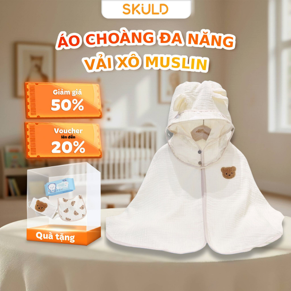 Áo Choàng Chống Nắng Và Gió Đa Năng SKULD Vải Xô Muslin Mềm Mại, Kèm Kính Chắn Bụi, Cúc Bấm Tiện Lợi Cho Bé 0-3 Tuổi