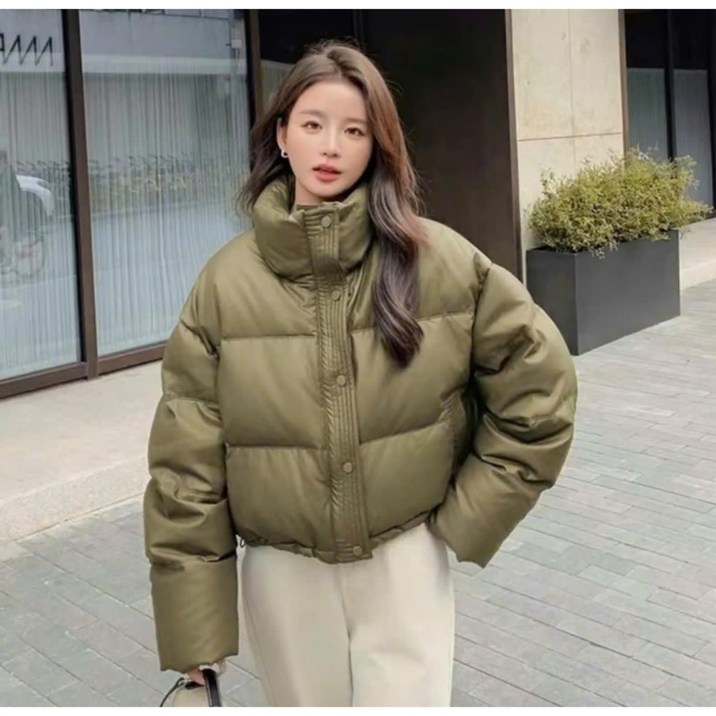Áo khoác phao da , Áo phao nam nữ ,Vải da Thiết kế bo tay Áo phao croptop nữ-ALASVA.VN