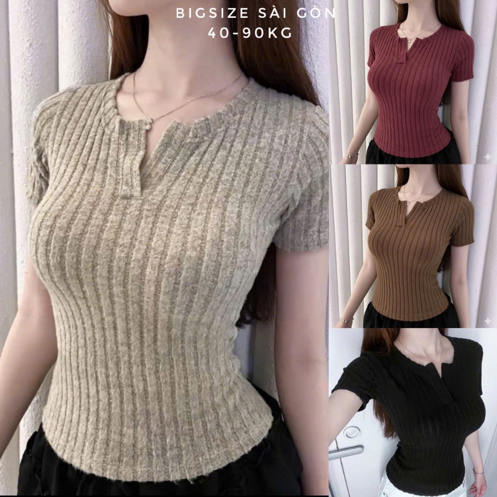 Áo Thun Nữ Tay Ngắn Phối Cổ V Vải Len Lông Cừu Mềm Mịn Dày Dặn Cao Cấp Thanh Lịch Bigsize 45–90kg - B.1671 | BigBuy360 - bigbuy360.vn