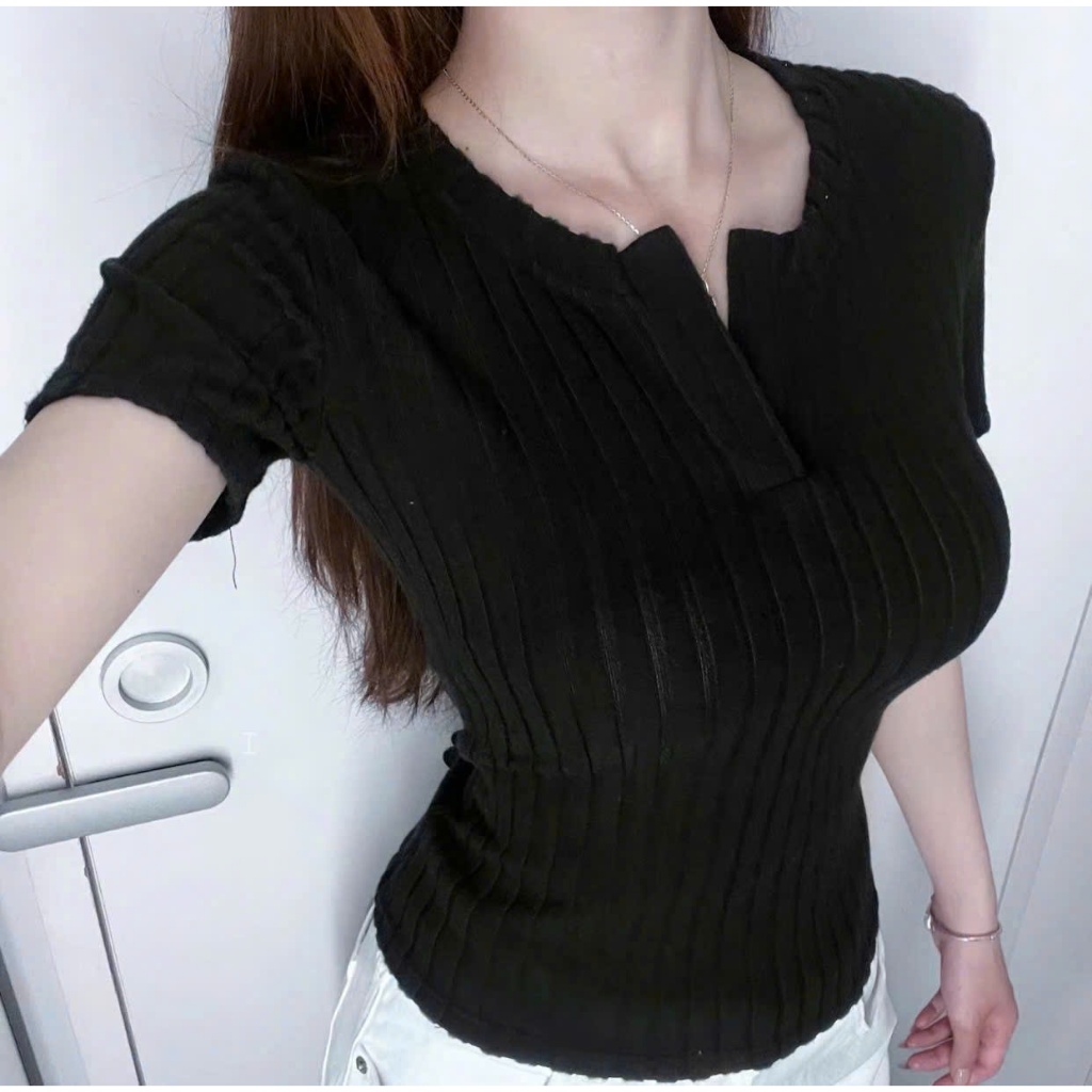 Áo Thun Nữ Tay Ngắn Phối Cổ V Vải Len Lông Cừu Mềm Mịn Dày Dặn Cao Cấp Thanh Lịch Bigsize 45–90kg - B.1671 | BigBuy360 - bigbuy360.vn