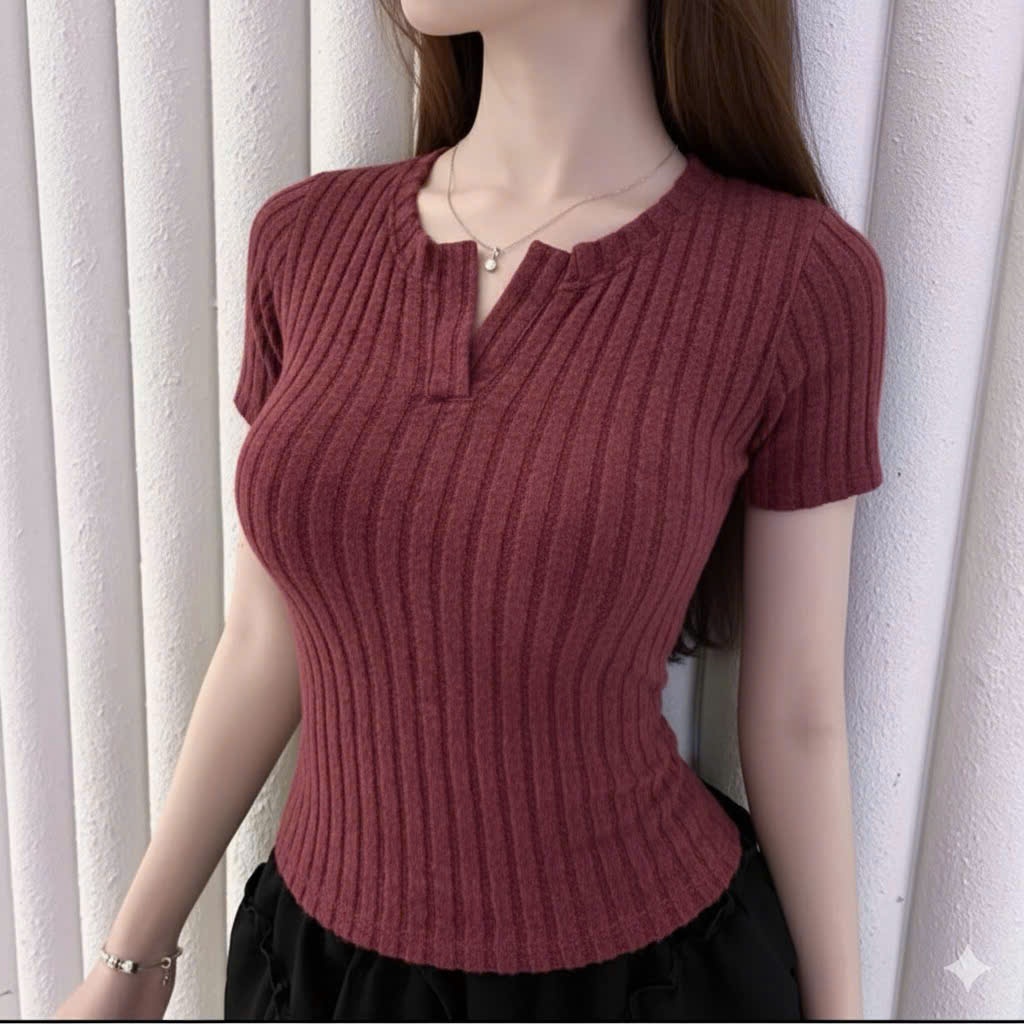 Áo Thun Nữ Tay Ngắn Phối Cổ V Vải Len Lông Cừu Mềm Mịn Dày Dặn Cao Cấp Thanh Lịch Bigsize 45–90kg - B.1671 | BigBuy360 - bigbuy360.vn