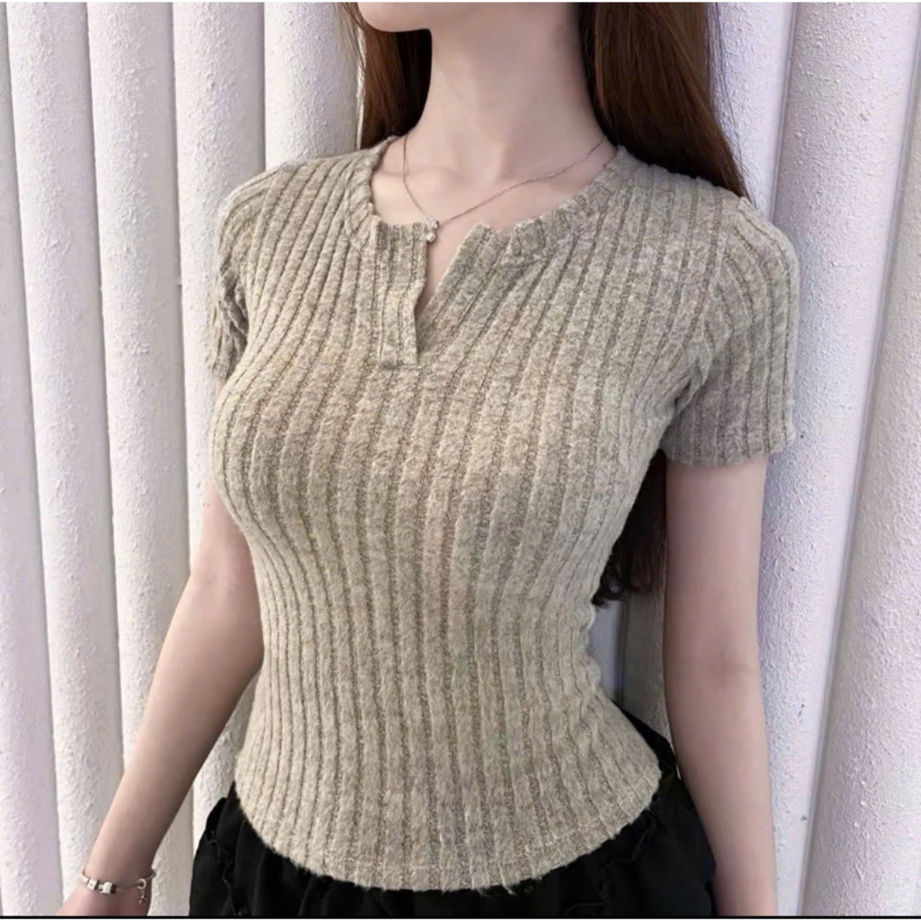 Áo Thun Nữ Tay Ngắn Phối Cổ V Vải Len Lông Cừu Mềm Mịn Dày Dặn Cao Cấp Thanh Lịch Bigsize 45–90kg - B.1671 | BigBuy360 - bigbuy360.vn