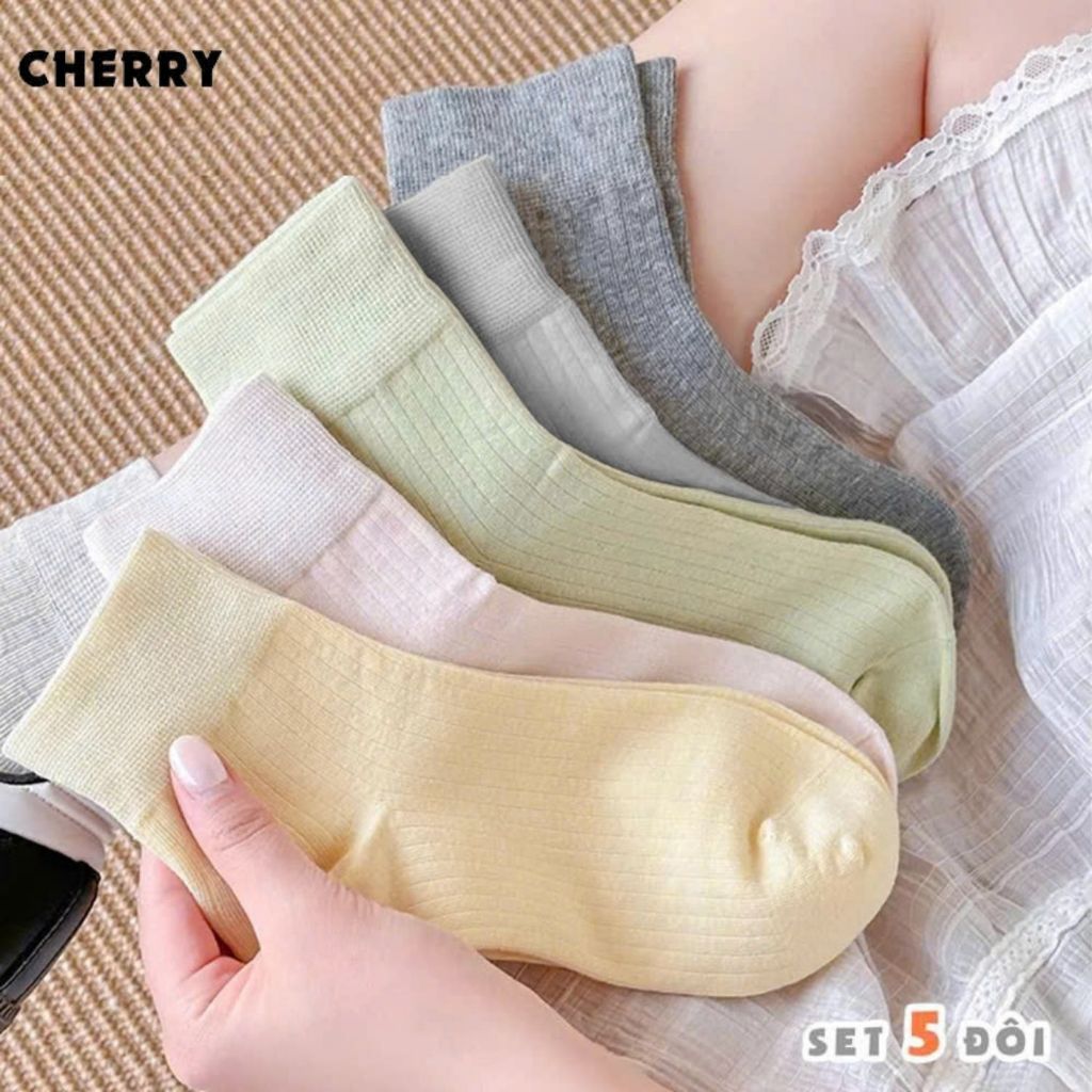 Tất cổ cao CHERRY phong cách Hàn Quốc, set 5 đôi vớ chất liệu cotton mềm mịn - Cherry Shop