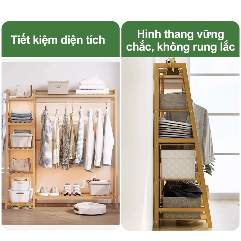 Kệ quần áo kệ treo quần áo và mũ tre đa tầng phân vùng 2 màu gỗ/nâu chọn lựa tiết kiệm không gian | BigBuy360 - bigbuy360.vn