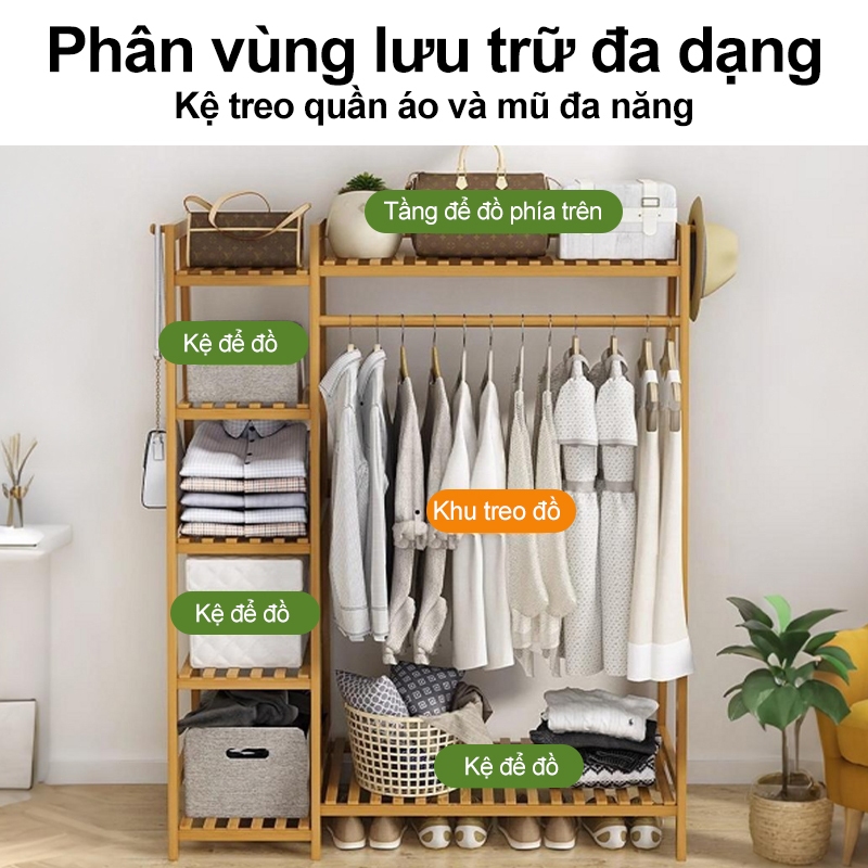 Kệ quần áo kệ treo quần áo và mũ tre đa tầng phân vùng 2 màu gỗ/nâu chọn lựa tiết kiệm không gian | BigBuy360 - bigbuy360.vn