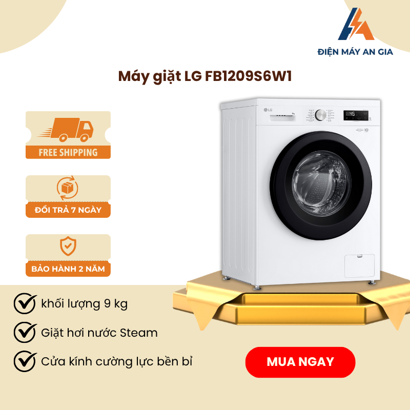 Máy giặt LG Inverter 9 kg FB1209S6W1 - Truyền động trực tiếp - Thép không gỉ - Màn LED -  PEB