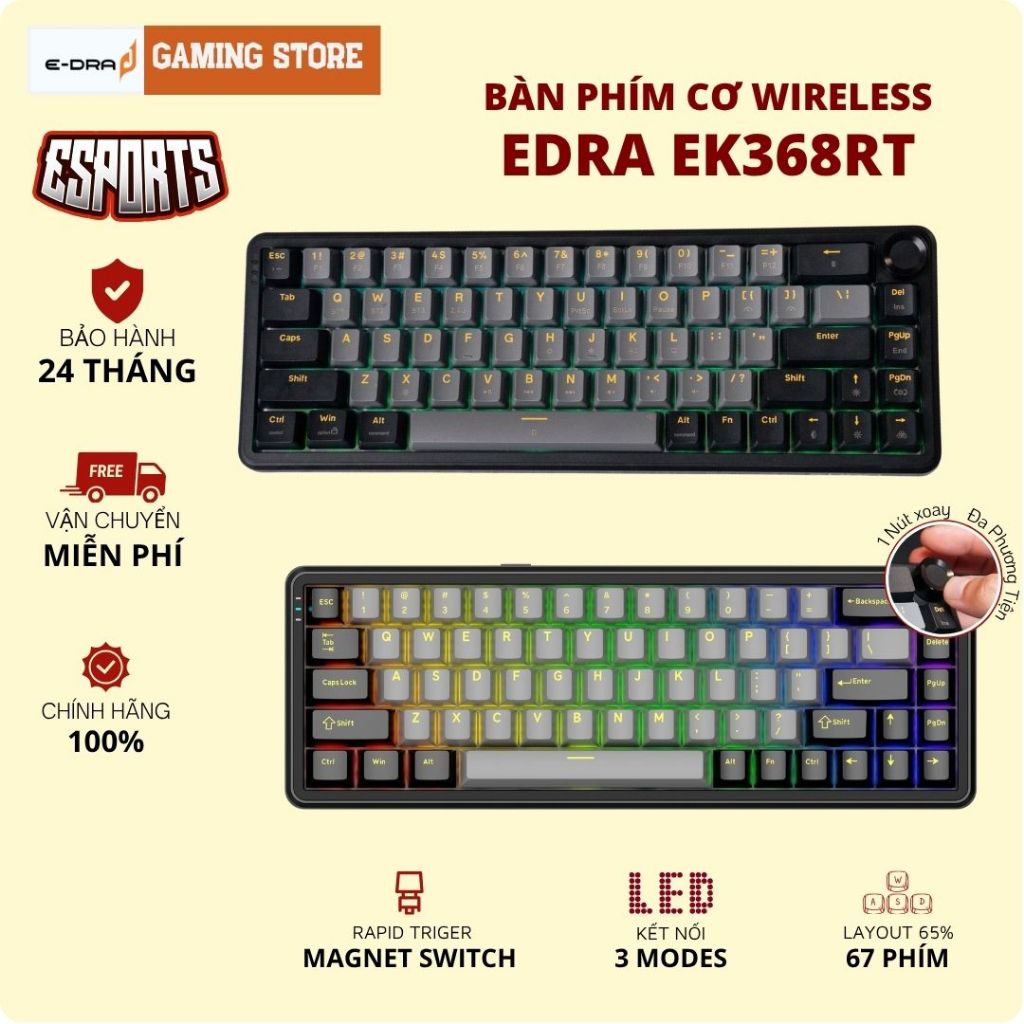 Bàn Phím Cơ Không Dây E-DRA EK368RT, EK368WV2 (Switch Edra/Hotswap/Wireless/Type-C) BH Chính Hãng