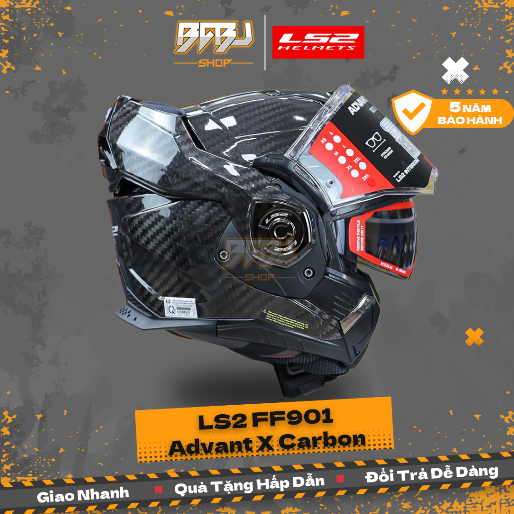 Mũ Fullface Lật Hàm 180 Độ LS2 FF901 Full Carbon Cao Cấp Tiện Dụng