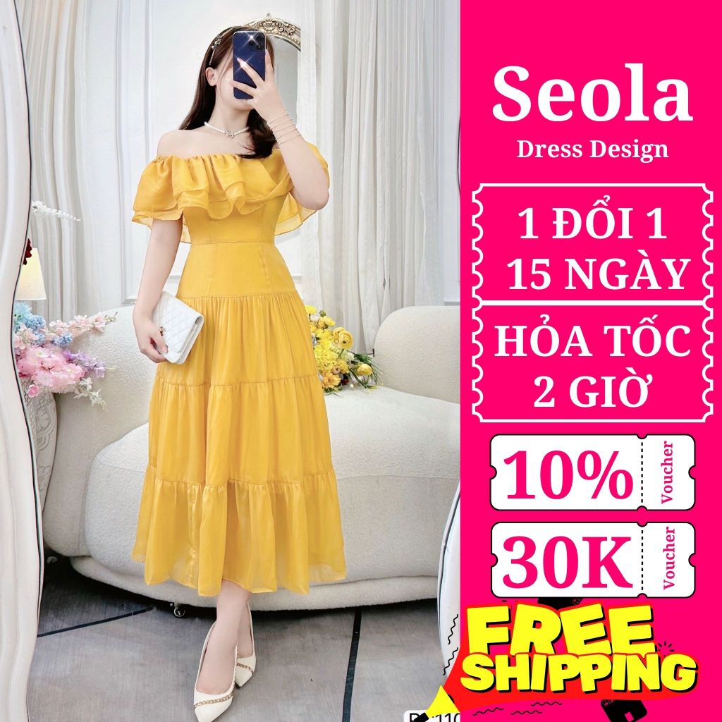 (Váy/Đầm Chính Hãng RENCY) RC110 Váy tơ vàng trễ vai dáng xòe gợi cảm