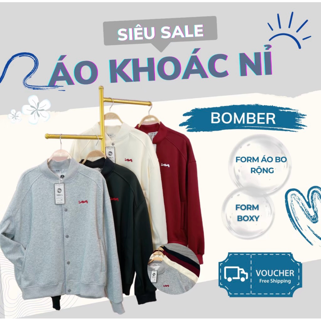 ÁO KHOÁC NỈ BOMBER NAM NỮ FROM RỘNG BOXY - ÁO KHOÁC BOMBER THÊU LOGO