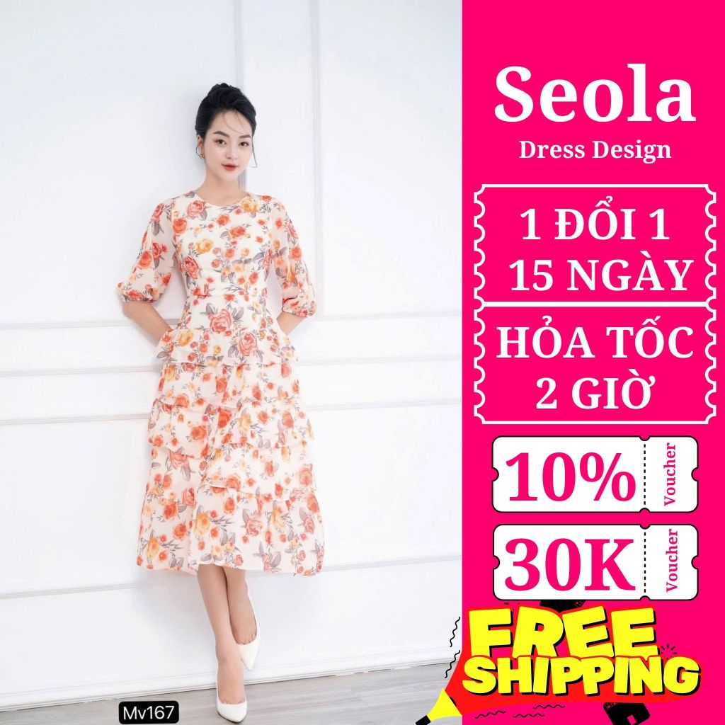 (Váy/Đầm Chính Hãng RENCY) RC167 Váy hoa cam tay lỡ tiểu thư