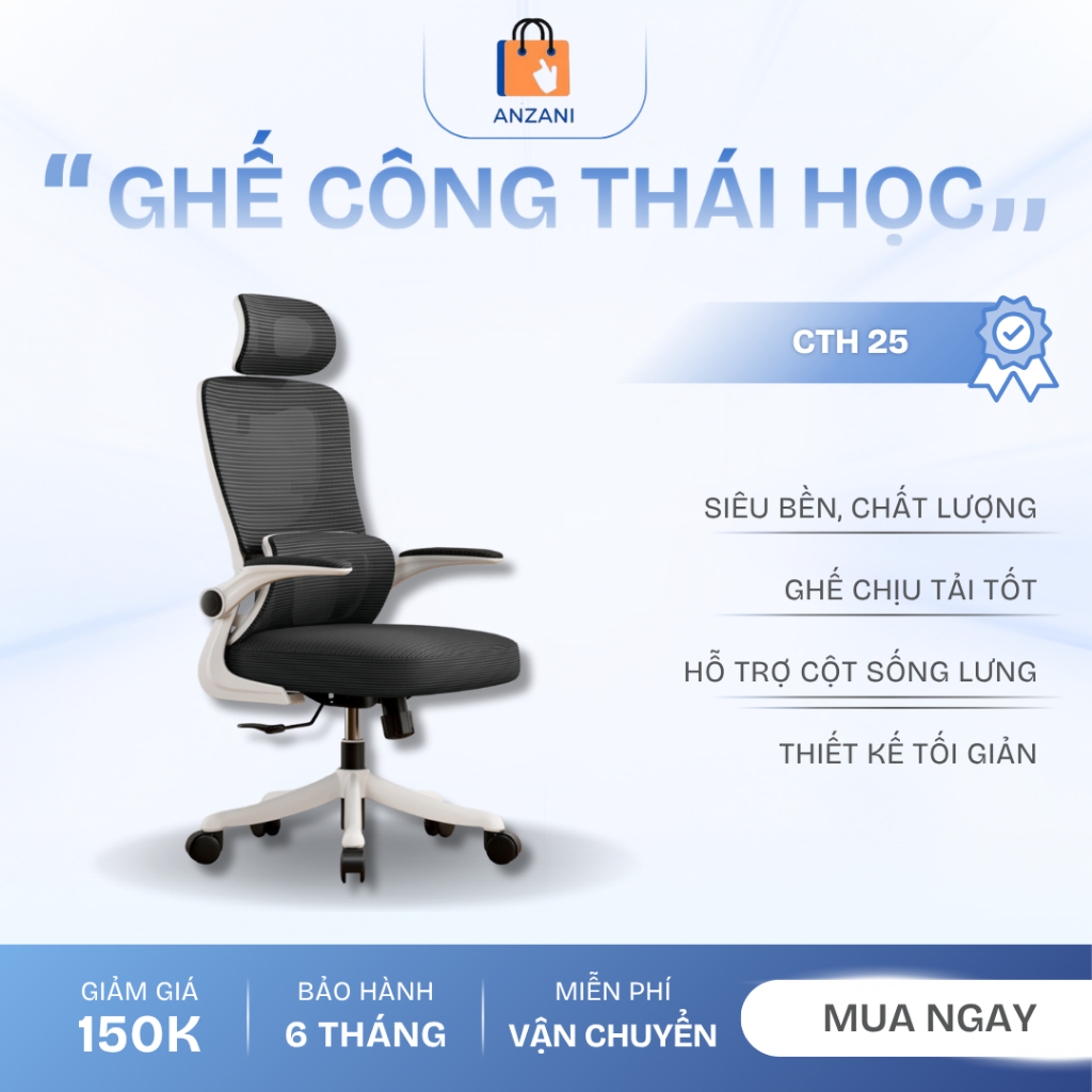 Ghế Công Thái Học CTH25 Có Tựa Đầu 3D – Gật Gù 125° – Tay Vịn Đảo 90° – Ghế Xoay Văn Phòng