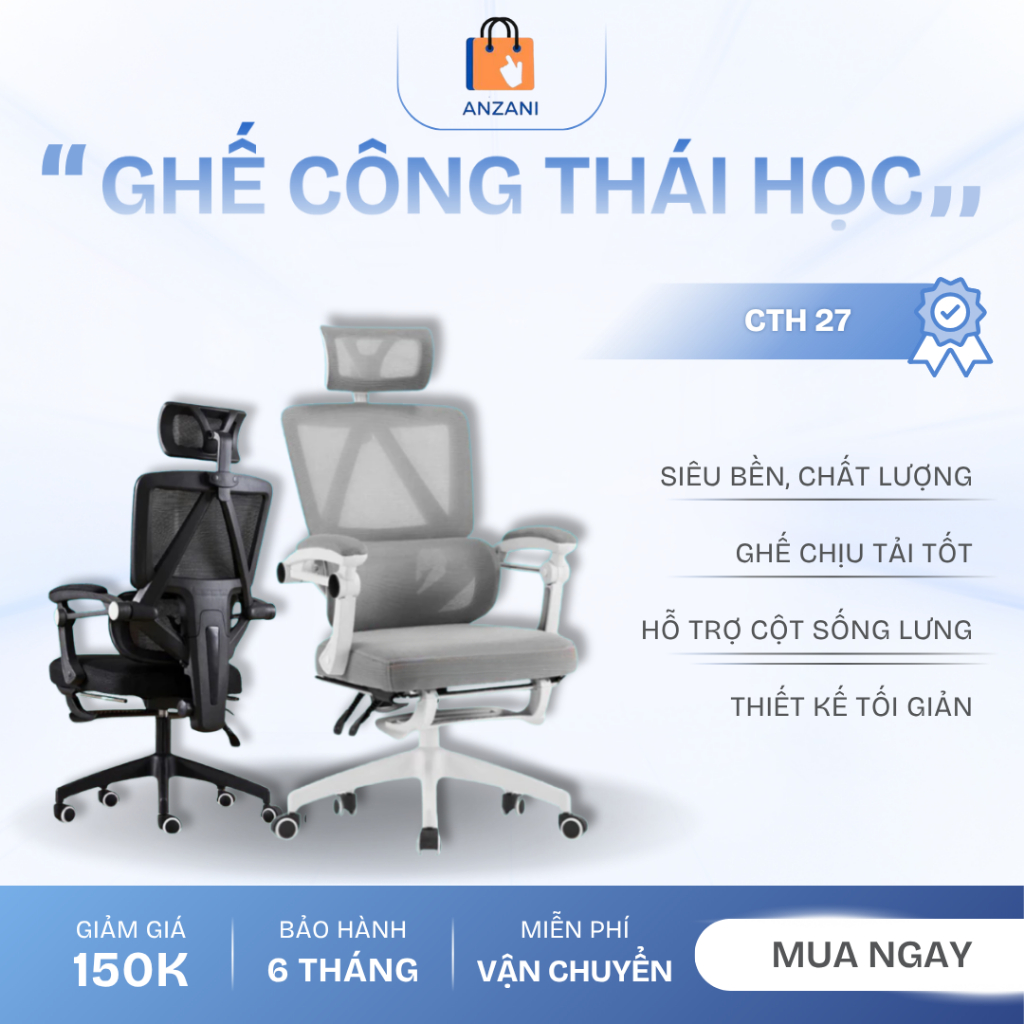 Ghế Công Thái Học Xoay Văn Phòng CTH-27 Có Tựa Đầu, Gác Chân, Ngả Lưng 150 độ Cao Cấp