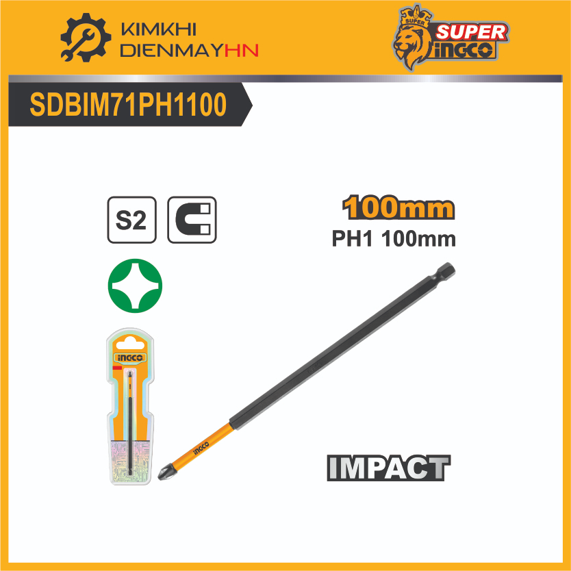 Mũi vít đầu bắn 4 cạnh hình chữ thập dài 100mm PH1 và PH2 đuôi lục giác INGCO SDBIM71PH1100, INGCO S