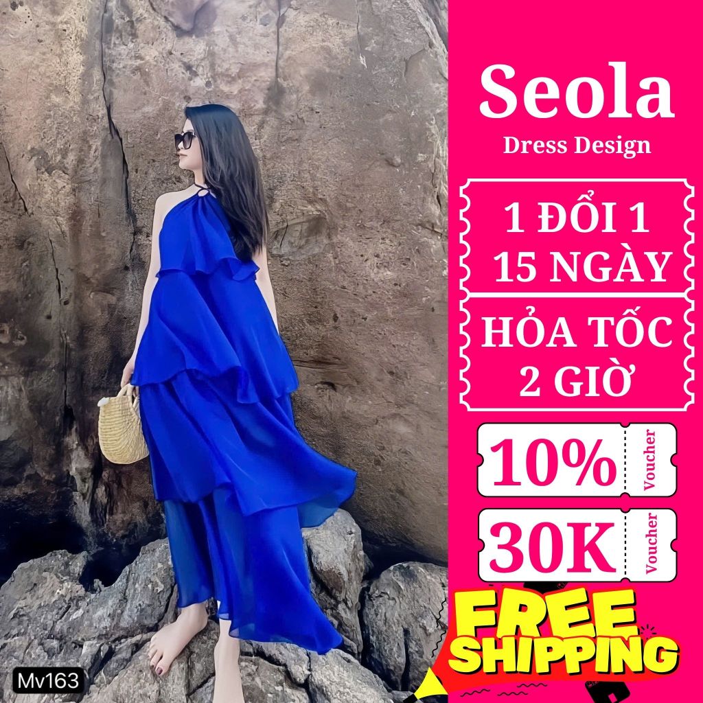 (Váy/Đầm Chính Hãng RENCY) RC163 Váy xanh maxi cổ yếm gợi cảm