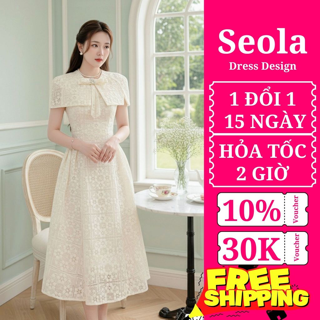 (Váy/Đầm Chính Hãng RENCY) RC757 Váy ren kem phối choàng cổ đính nơ đá