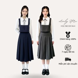  Set áo sơ mi thiết kế bấu ly ngực phối gile kèm nơ và chân váy xếp ly dáng dài tiểu thư Linly Store 